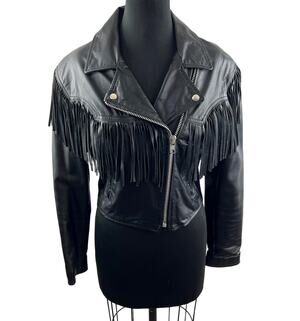 VINTAGE Fidelity Black Cropped Moto Jacket Leather Fringed Notch Lapel Zip 12